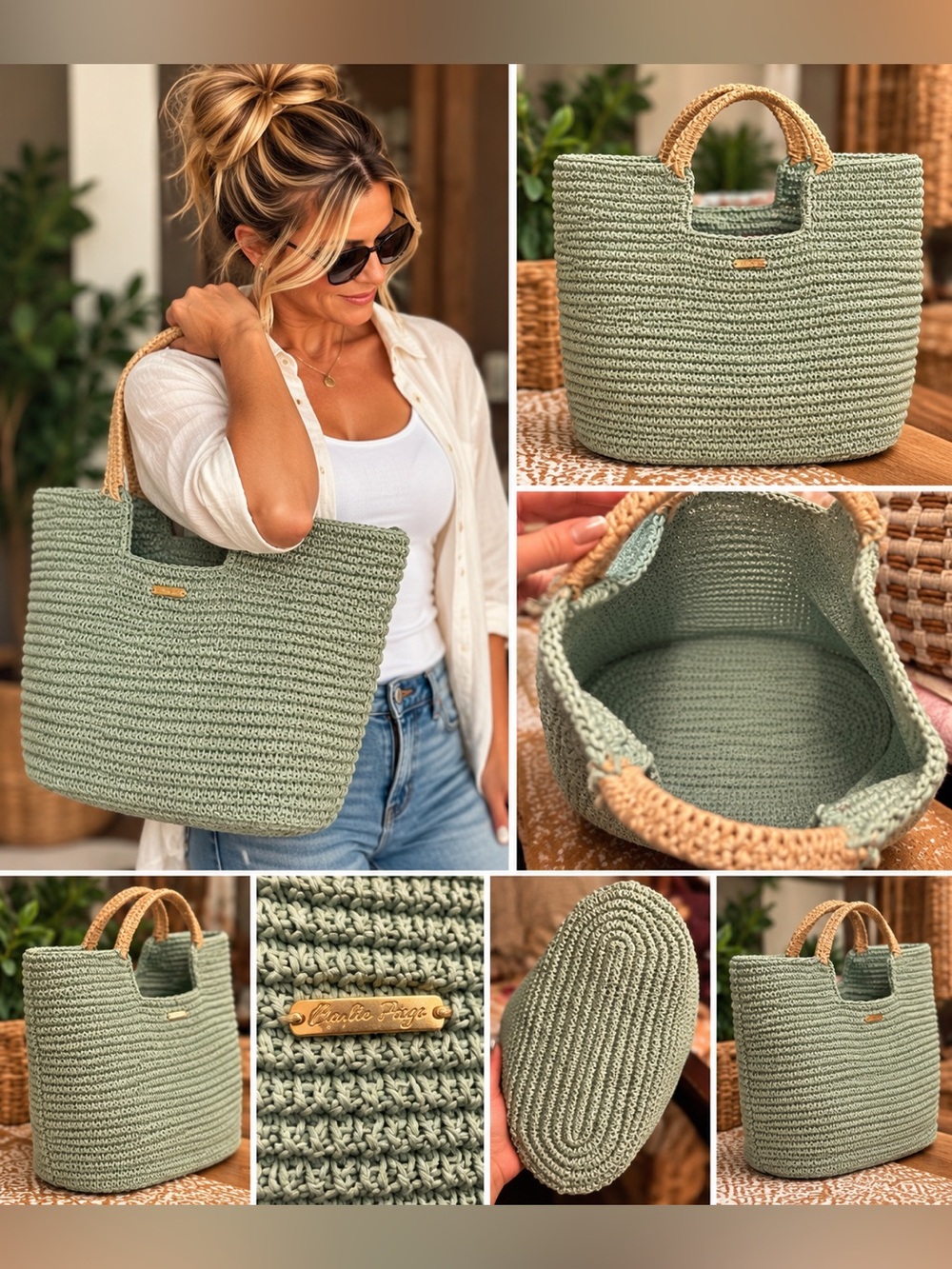 Charlie Paige Sage Green Woven Straw Crochet Tote Bag